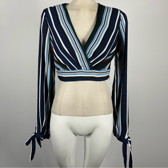 Essue Crop Top Faux Wrap Long Sleeve Multi Colored Chiffon Top Small NWT - Picture 1 of 10